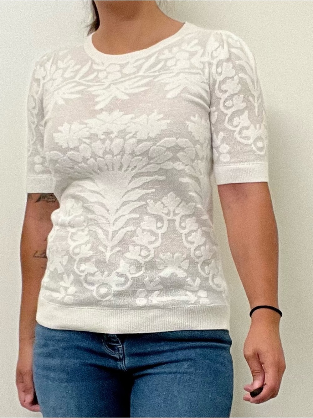 LOFT White Short-Sleeve Jacquard Crewneck Top